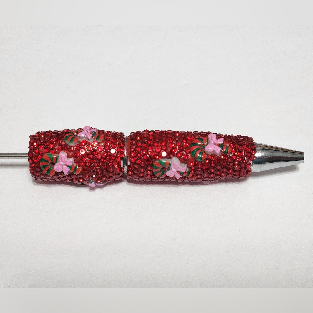 Christmas Rhinestone Beadable Pen Candy Cane Bow Xmas Beaded Pen Crafts DIY Bead